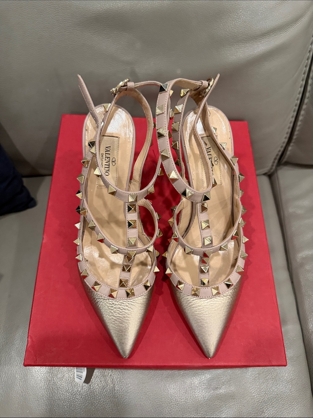 Valentino Metallic Gold Rockstud Pointed T-Strap Pumps